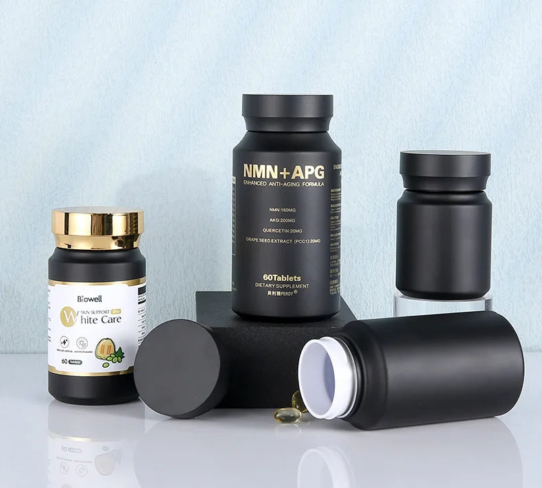 Custom Black Capsule Bottles: Empty Printed Text Loose Powder Containers for Pills/Tablets
