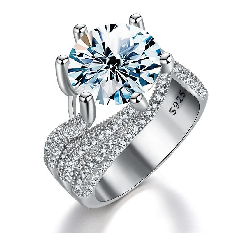 GRA  Luxury 5CT Sparkling Big Moissanite Diamond Ring for Women Gorgeous Three Rows Zircon Real 925 Silver Wedding Jewelry