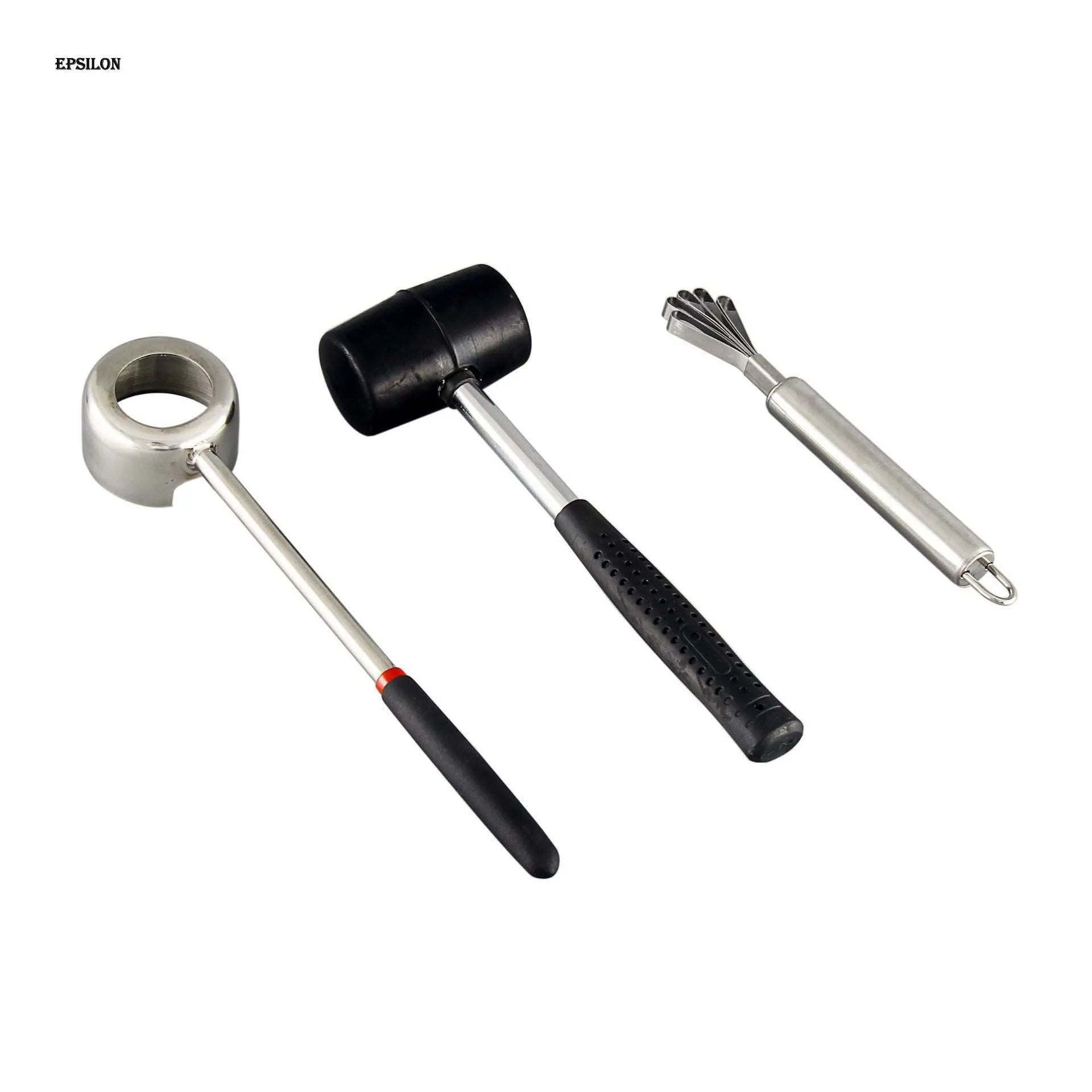 Epsilon Multipurpose 3PCS Stainless Steel Kitchen Coconut Scraper Shell Opener Tools for Meat Removal with Hammer