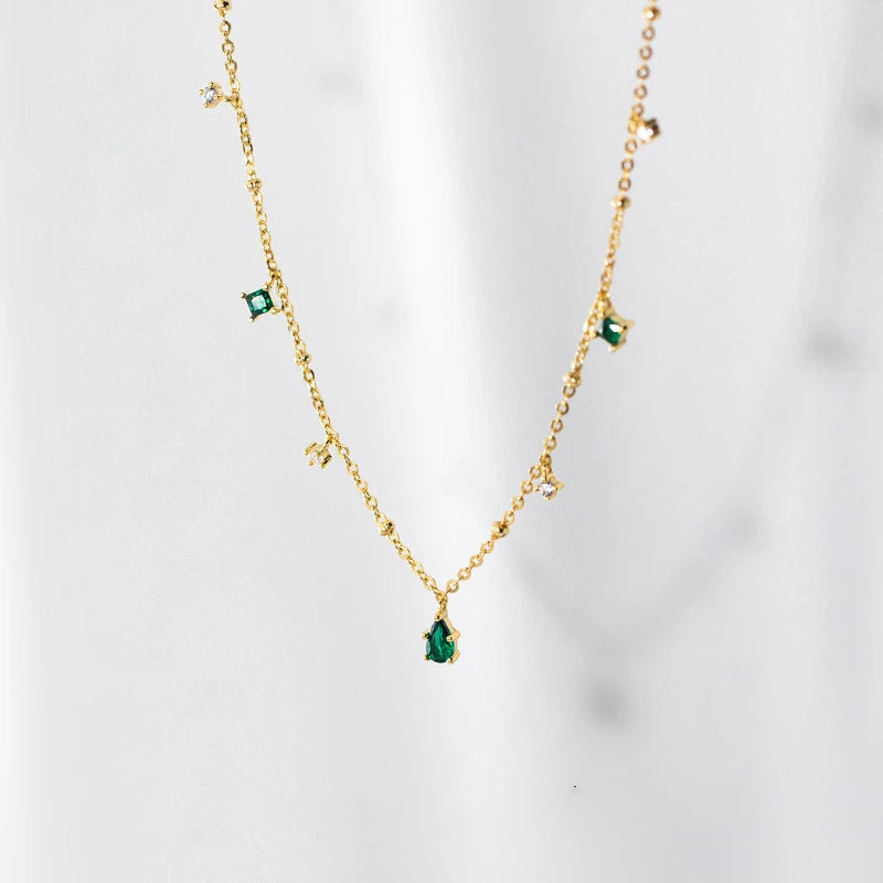 Daidan Gold Necklace 18K Green Zircon White Stone Chokers Jewelry Choker Water Drop Necklace for Women