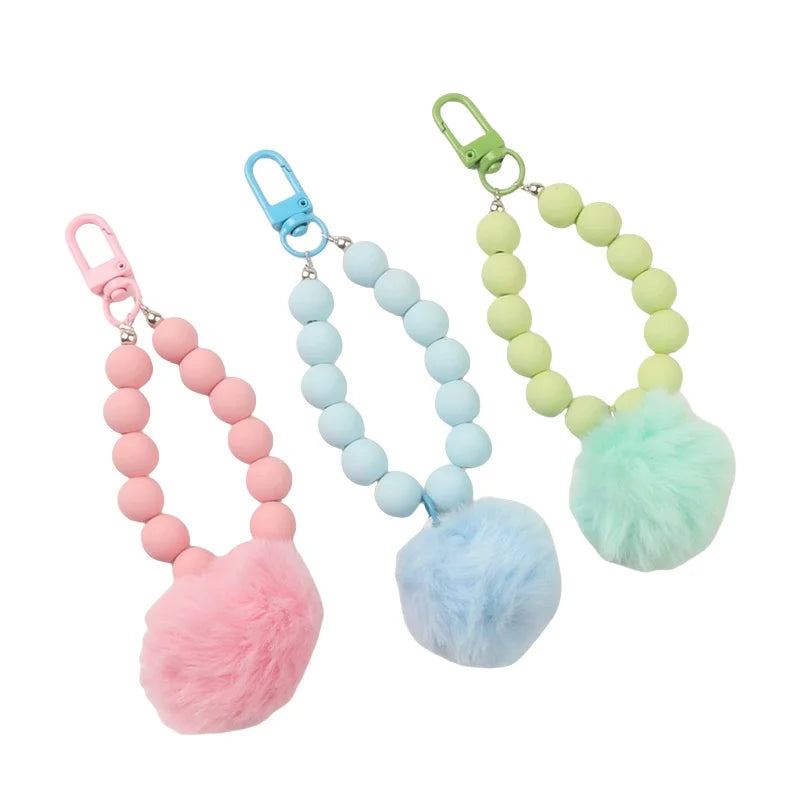 Plush Bracelet Keychain Pompom Creative Cartoon Beaded Pendant Cell Phone Chain Pendant Removable Headphone Key Decoration