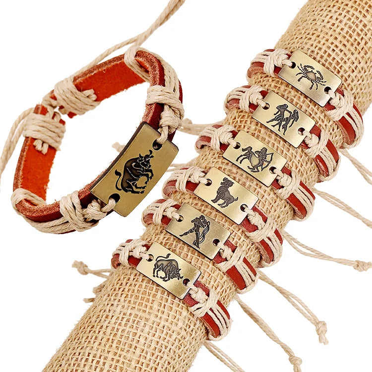 Leather Alloy Knitting 12 Signs Zodiac Adjustable Knot Bracelet ZU034