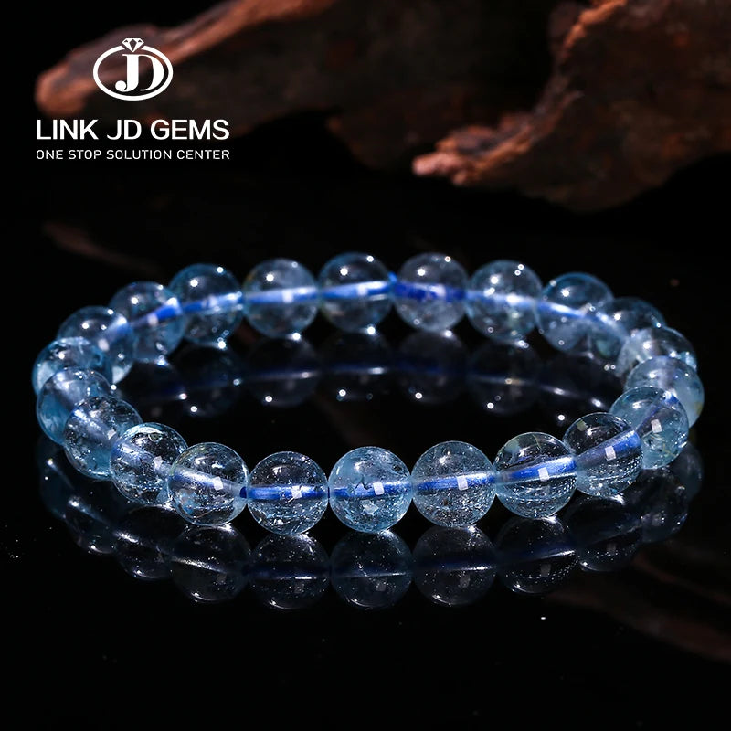 JD Natural Blue Topaz Clear Round Beads Bracelet for Woman Men Reiki Healing Genuine Topaz Stretch Bangles Fashion Jewelry Gift