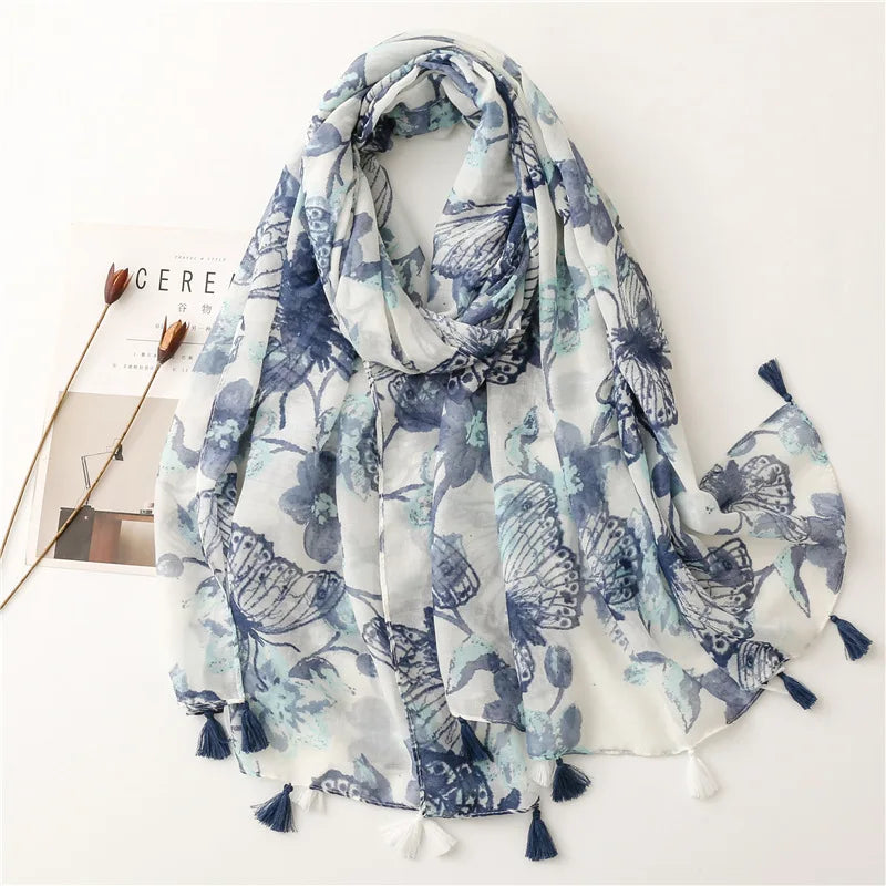 Wholesale Factory Custom Long Large Soft Cotton Voile Arabic Scarfs Women Hijabs Fashion Shawl Butterfly Printed Scarf