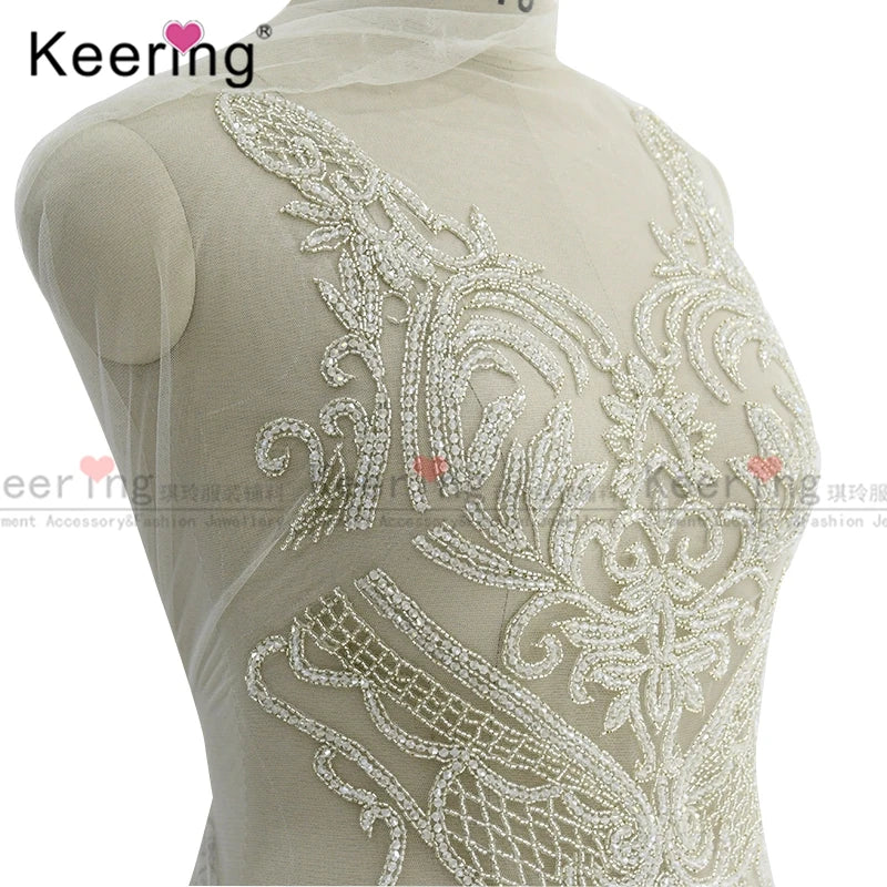 Factory Silver Crystal Clear Long Bodice Dresses Applique Rhinestones Fabric WDP-179