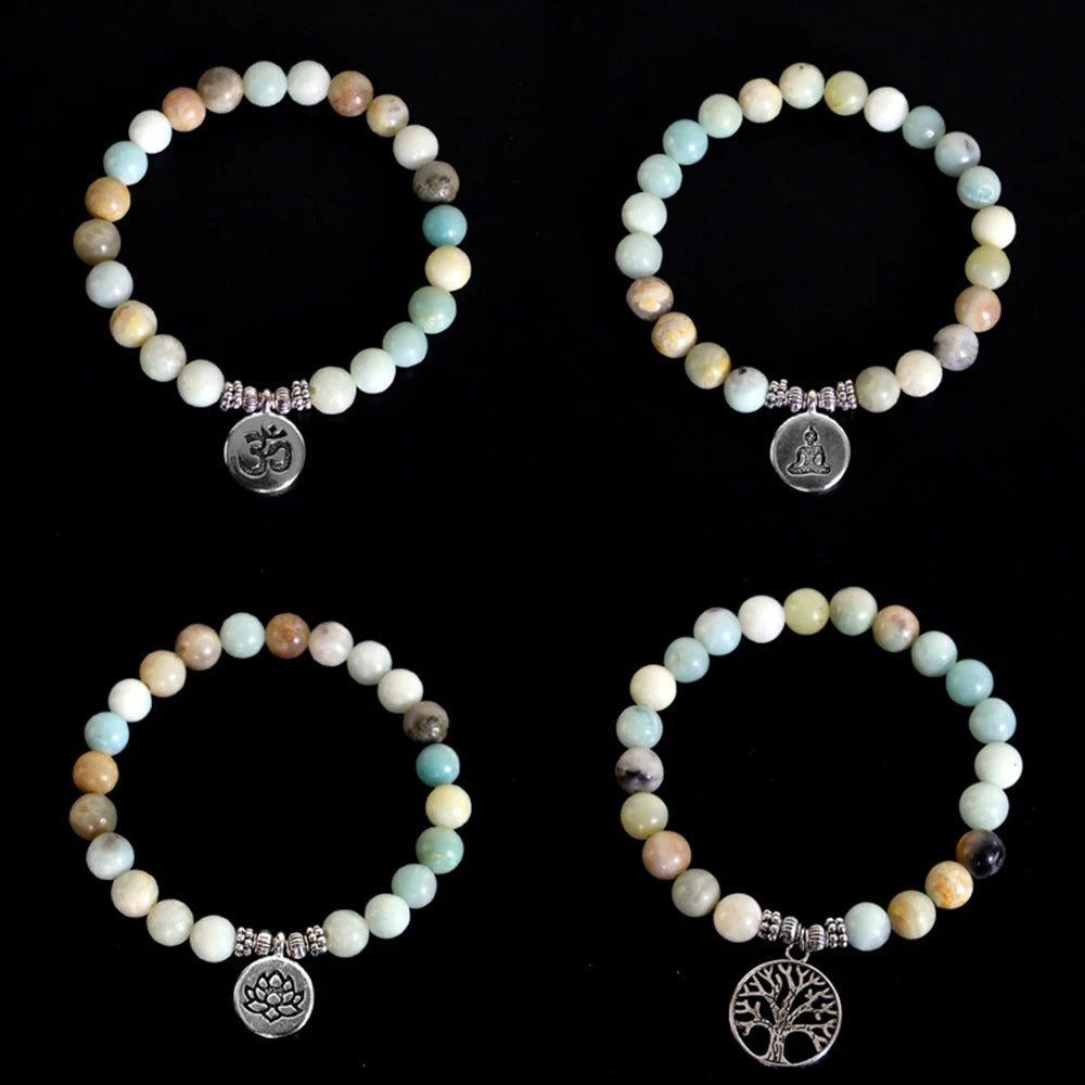 8mm Amazonite Beaded Women's Bracelet Natural Stone Strand Tree Life Lotus Flower Charm Yoga Healing Jewelry Bracelets Bangles
