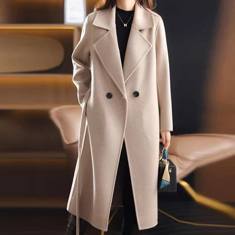 Women's Winter Trench Coat Slim Fit Long Sleeve Woolen Overcoat with Belt Turn Down Solid Color New Arrival Apparel Stock