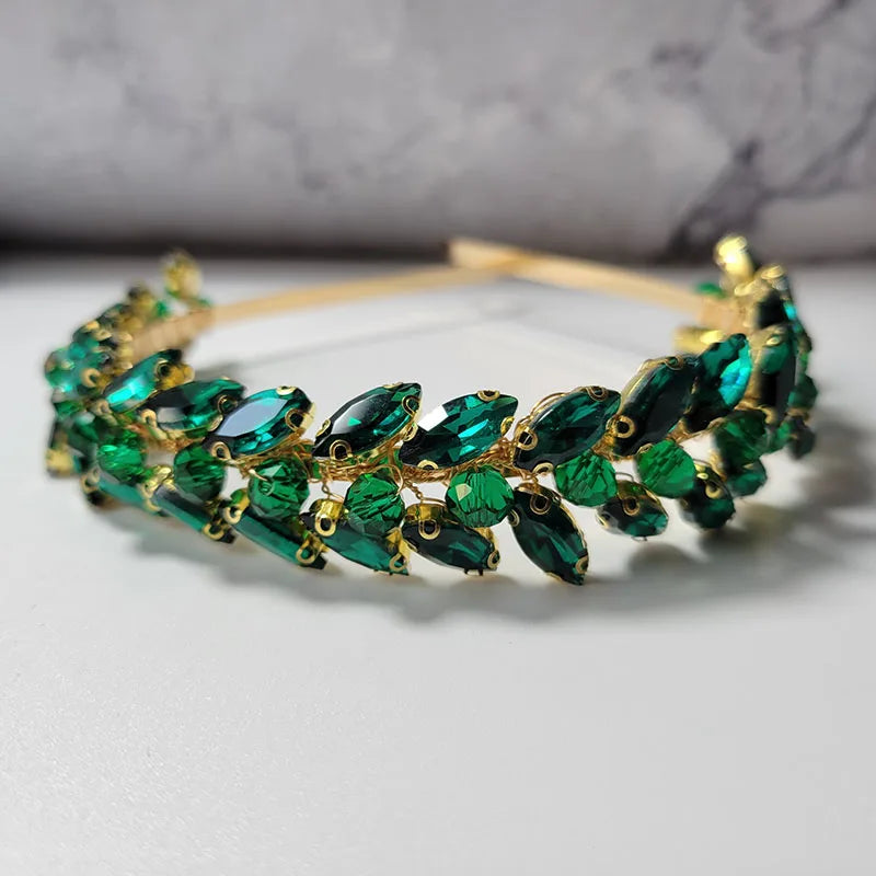 SLBRIDAL Handmade Green Rhinestone Crystal Pearls Floral Bridal Wedding Tiara Headband Headpieces Women Jewelry Hair Accessories