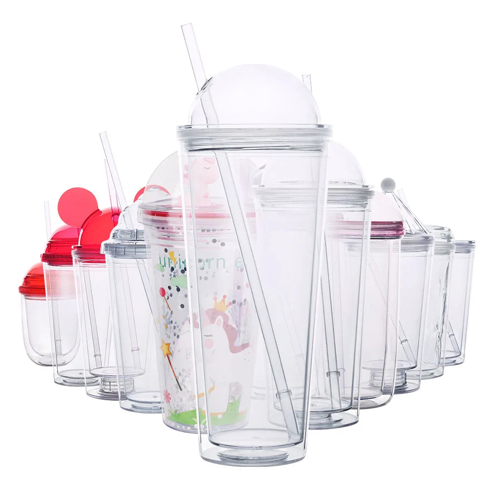 Reusable Double Wall 16OZ Eco-Friendly Transparent Custom Print Plastic Smoothie Ice Coffee Milkshake Tumbler Straw American