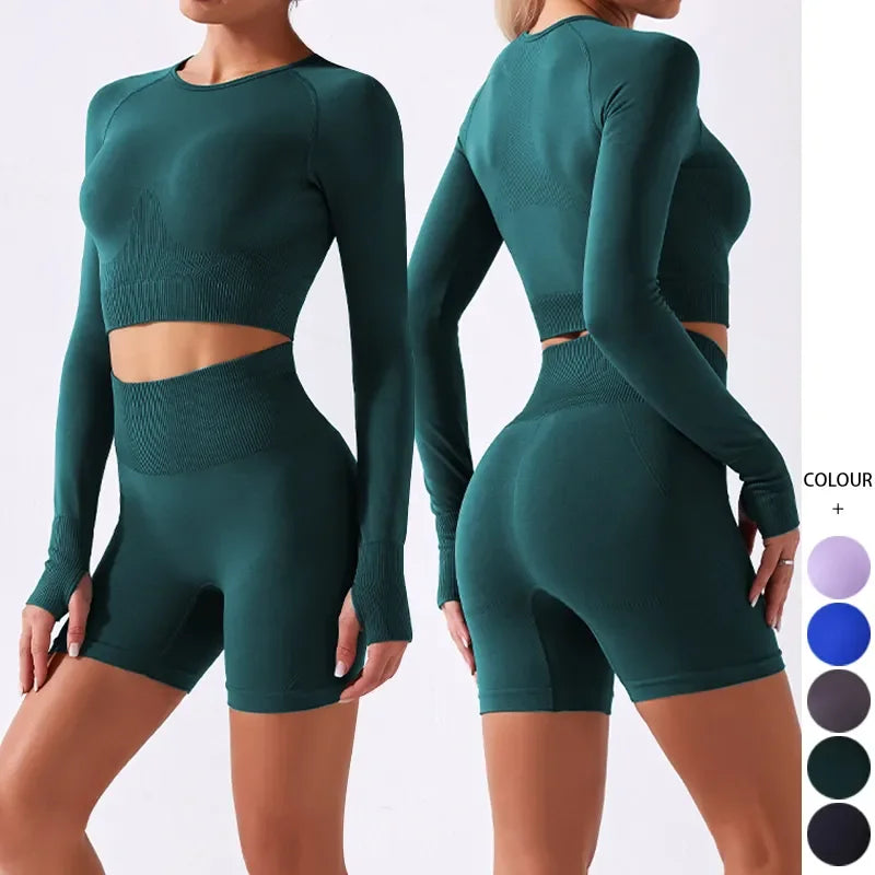 Seamless Yoga Set Workout Sportswear Gym Clothes Fitness Long Sleeve Crop Top Fitness Set Women