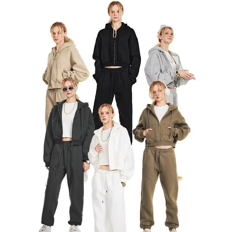 Women's Custom High Quality Fleece Sportswear Zip-Up Hoodie and Sweatpants Solid Pattern 2-Piece Short Track Suit