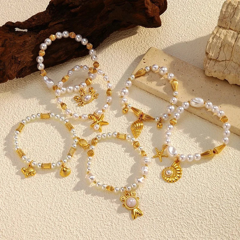 18K Gold Plated Fresh Water Pearl Beaded Bracelet New Stainless Steel Fashionable Star Patterned Ocean Animals Shell Bracelets