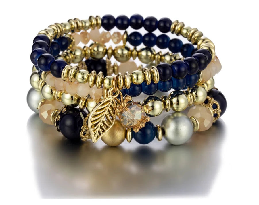 2022 Best Selling Boho Multilayer Elastic Leaf Charms Glass Beads Womans Bracelets Jewelry Set Manufacturers Wholesale