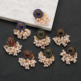 Gold Tassel Rhinestone Earrings for Women Trendy Fashion Retro Round Carved Beads Stud Earring