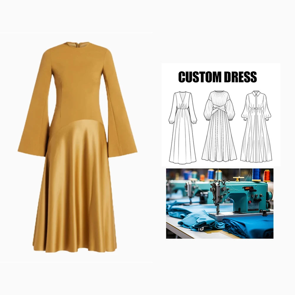 OEM Service Autumn Winter Women's Bell Sleeves Maxi Dress Custom Brand Empire Waistline A-Line Party Satin Evening Dress