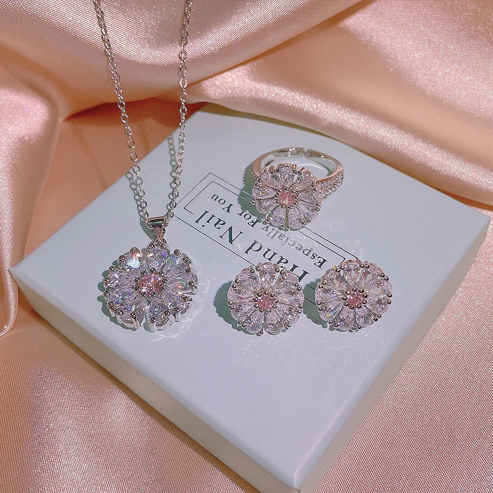 Luxury Three-Piece Bridal Jewelry Set Cubic Zirconia Daisy Necklace and Earrings Fine Wedding Jewelry for Women