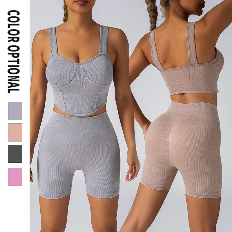 Women's Seamless Sand Wash Sleeveless Vest & Shorts 2-Piece Yoga Set High Waist Spandex/Nylon Workout Activewear Gym Sets
