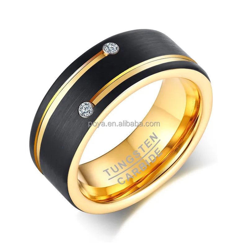 POYA 8mm Black Matte Finished Tungsten Gold Line Zircon Inlay Luxury Wedding Ring for Men Women