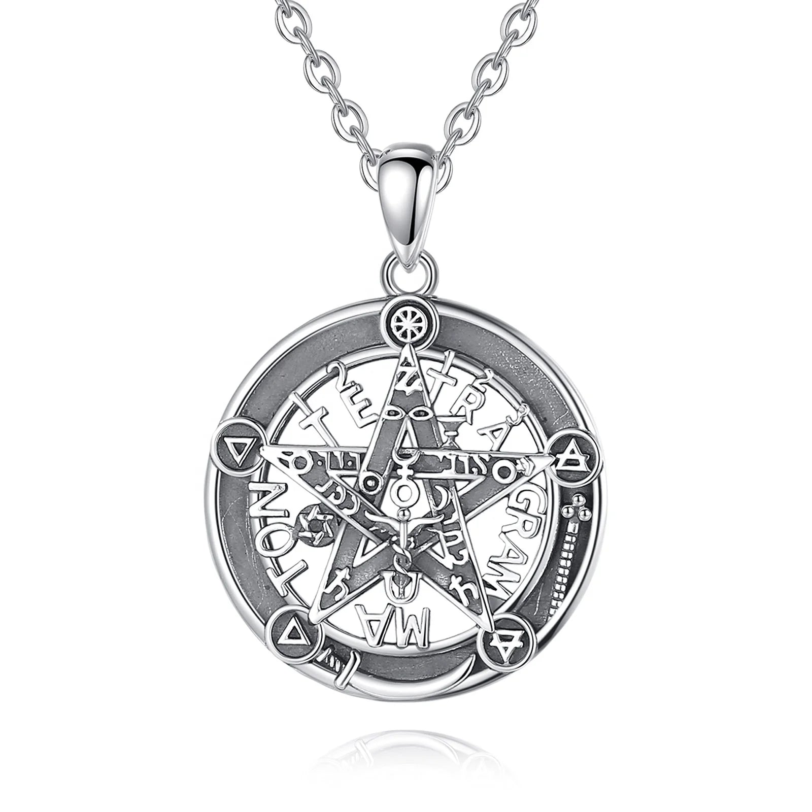 Distinctive Style 925 Sterling Silver Fine Jewelry Tetragrammaton Pentagram Pendant Charm Necklace for Men