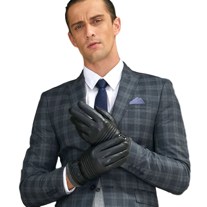 Wholesale Fashion Knitting Cuff Plush Lined Thermal Touch Screen Winter Faux PU Leather Driving Gloves for Men