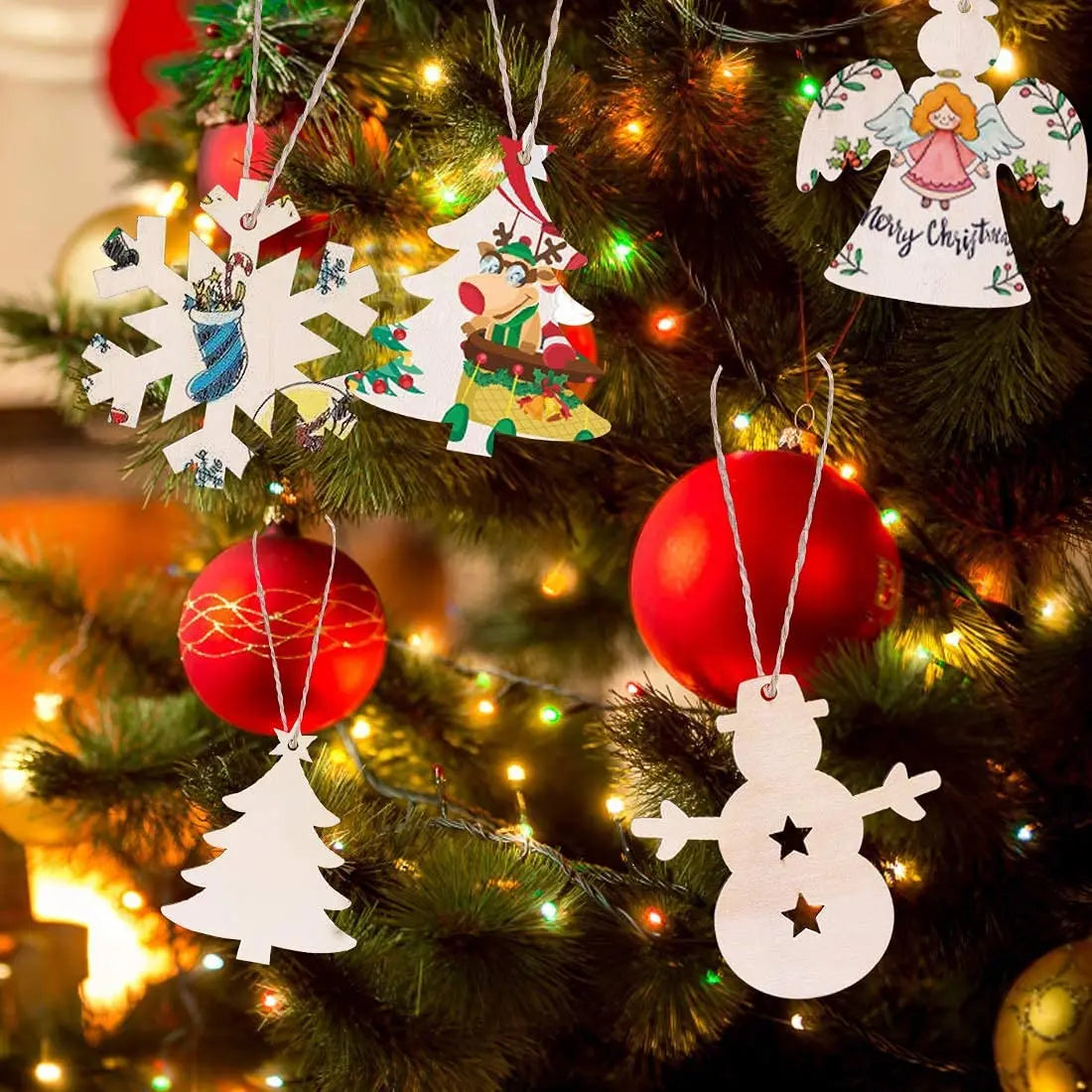 New Christmas 10 Designs Unfinished Wooden Hanging Ornaments Children DIY Colorful Painted Hanging Decorations for Christmas