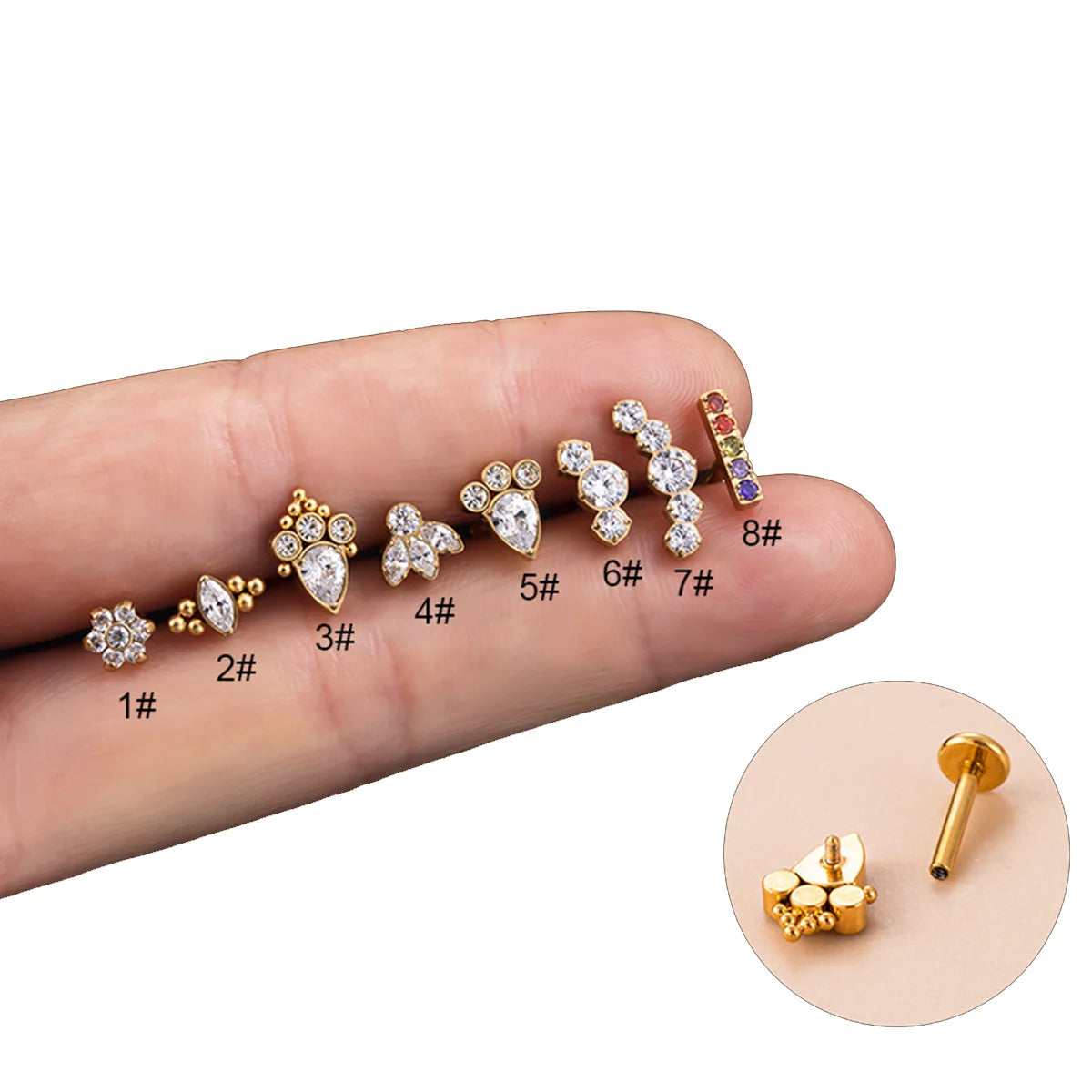 Wholesale ASTM F136 Titanium 1.2*8mm Labret Helix Ear Cartilage Piercing Jewelry Zircon Flat Back G23 Body Piercing Accessory