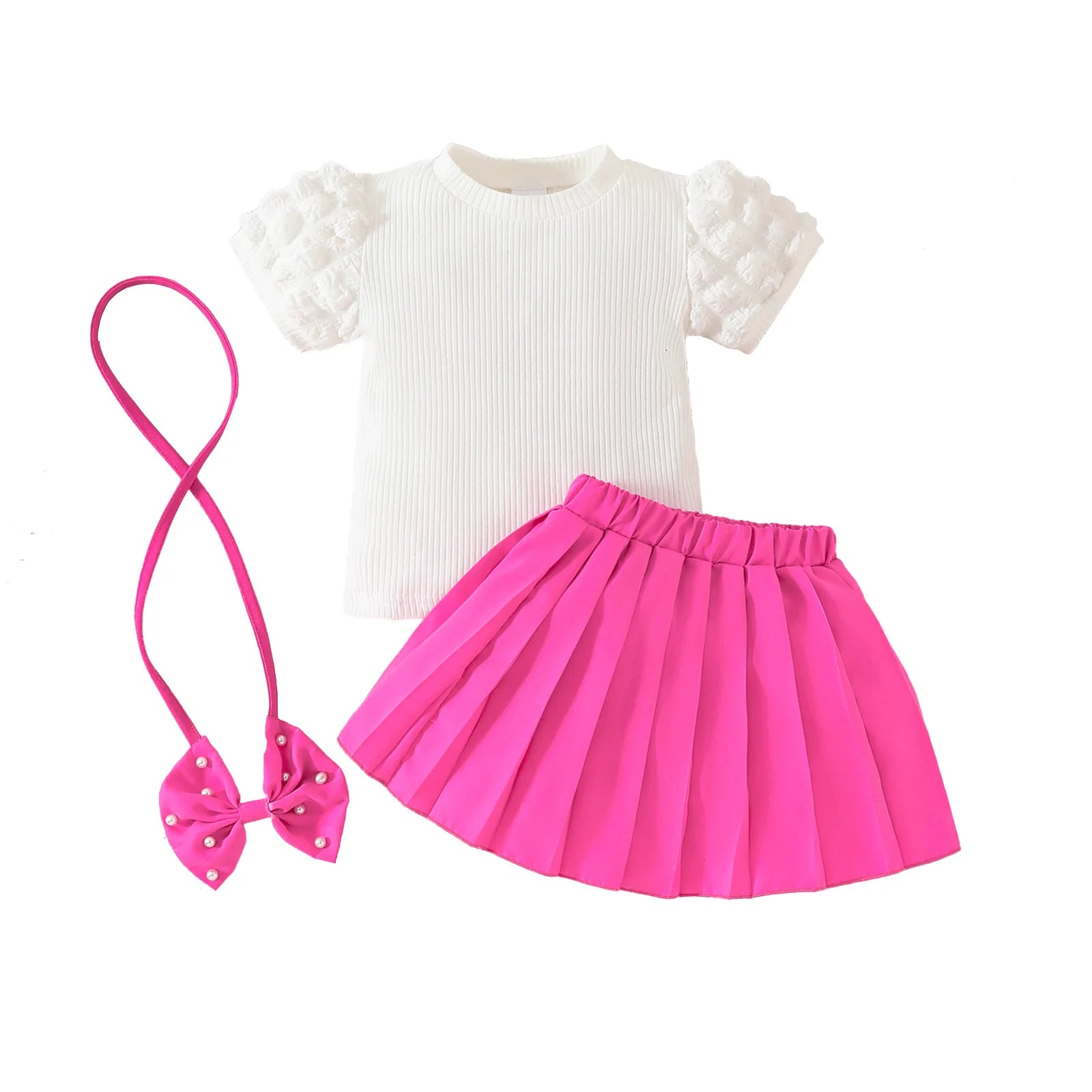 Girl Puff Sleeve Top With Pleated Skirt short-sleeved top set girls' puff sleeve ribbed T-shirt skirt