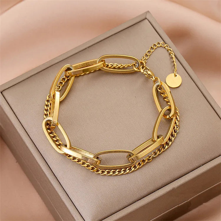 Wholesale Stainless Steel New Retro Fashion Gold Long Ellipse Chain Pendant Double Layer Thick Bracelet