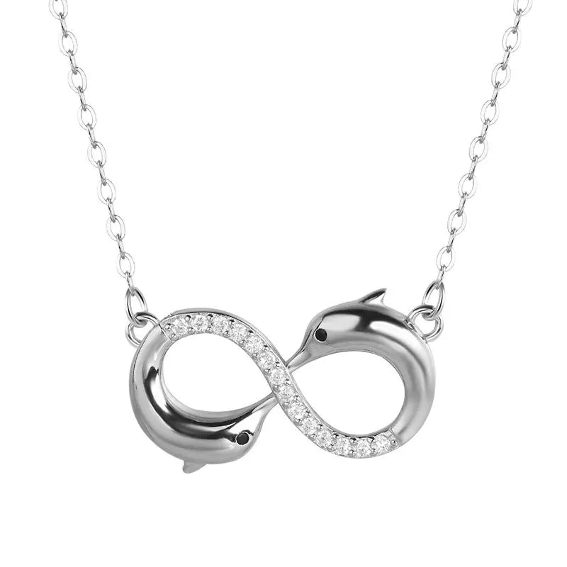 Rhodium Plated Infinity Cz S925 Sterling Silver Dolphin Necklace Mother's Day Gift