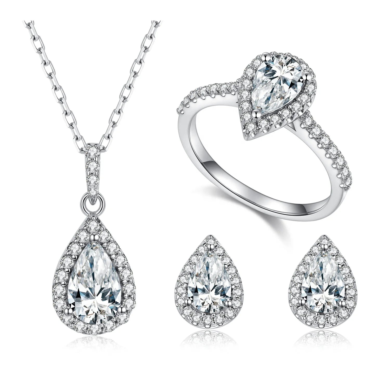 HL06 China Jewellery Manufacturer Pear Cut D Color Moissanite Diamond Sterling Silver Jewelry Set With Ring Earrings Necklace