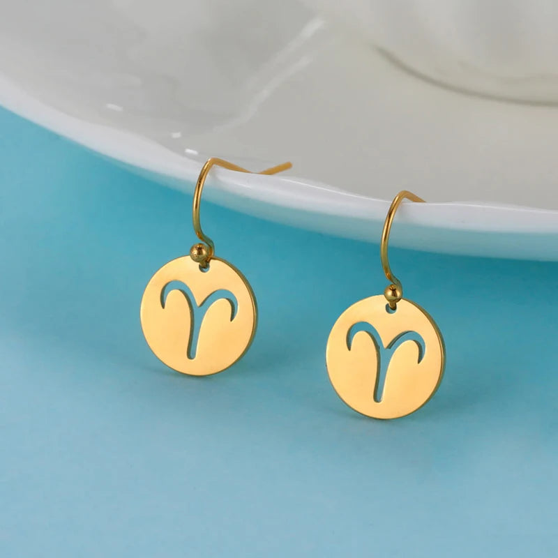 Zodiac Earrings for Women 2021 Stainless Steel Jewelry Gold Plated Jewelry Horoscope Zodiac Earrings Korean Vintage Earrings