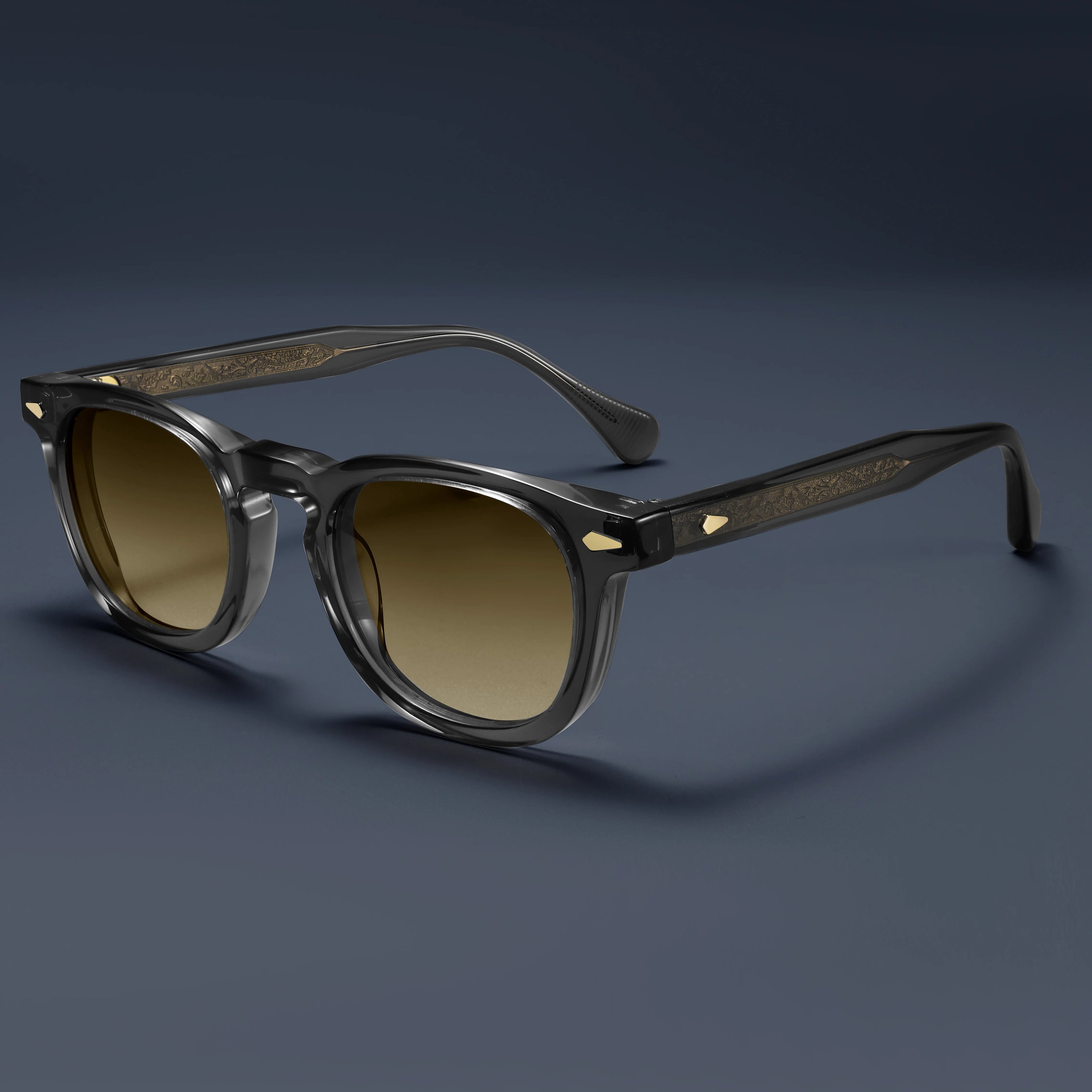 Fashion Vintage Rivet Retro Transparent Grey Thickness Acetate Sunglasses with Nylon Non-polarized Giadient Sunglasses Lenses