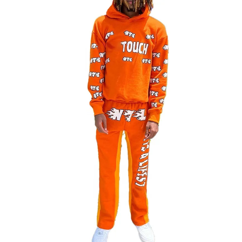 KY Men's All Over Print French Terry Streetwear Flare Pants Two-Piece Training Wear Sweatsuits Set