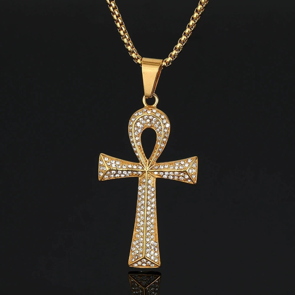 European American Hip Hop Stainless/Titanium Steel Gold-Plated Full Diamond Egyptian Ankh Life Key Fashion Chains Necklaces