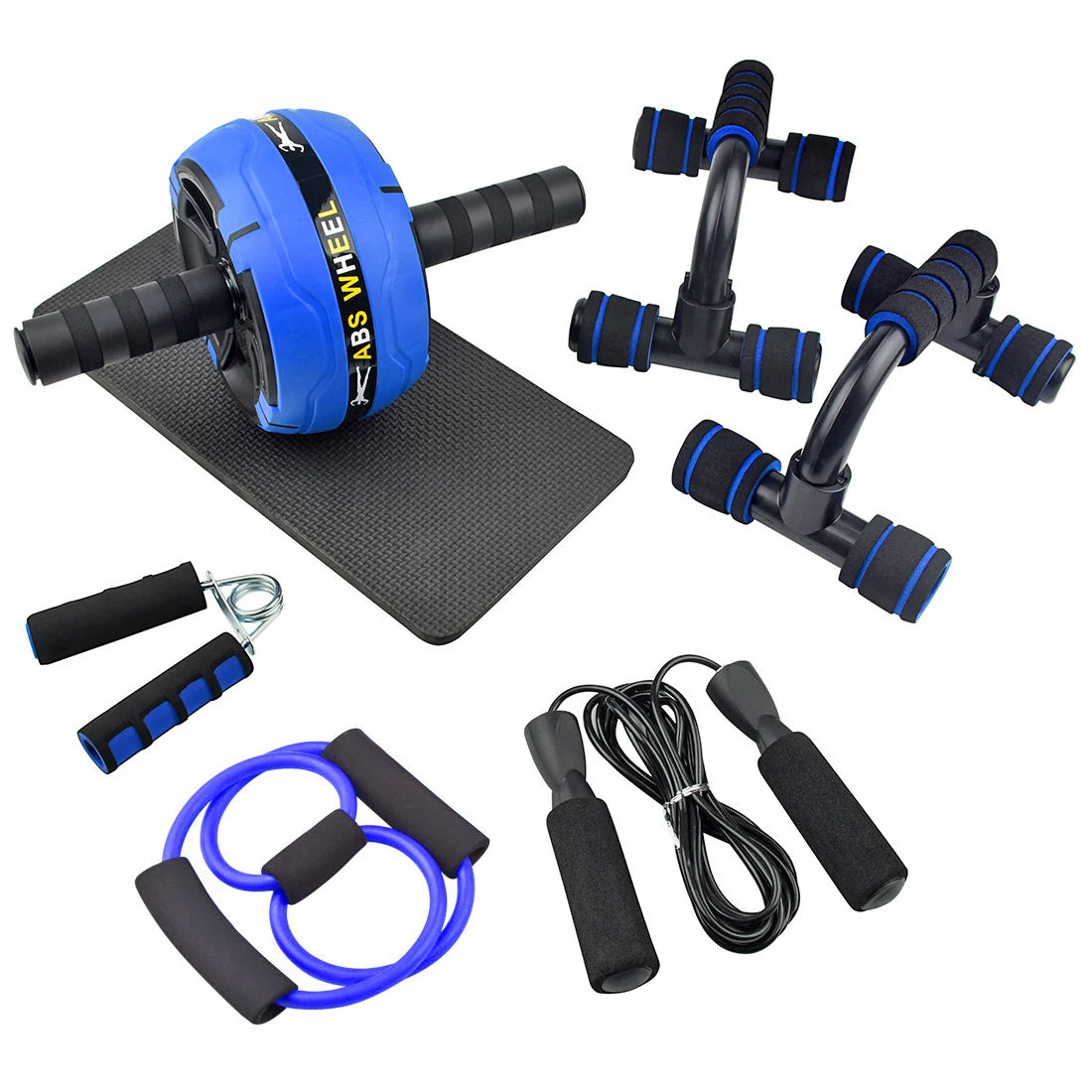 AB Wheel Roller Set for Home Gym Fitness Workout Includes Push-up Bars Jump Rope Hand Exerciser Knee Mat Made of Plastic EVA