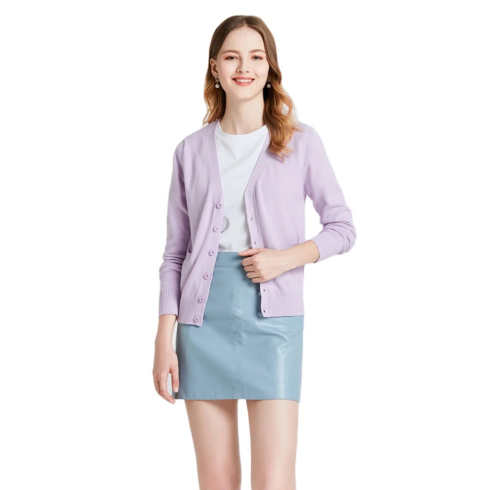 Winter 100% Cotton Long-sleeved V-neck Casual Uniform Basic Preppy Style Coat Women's Knit Sweater Cardigan