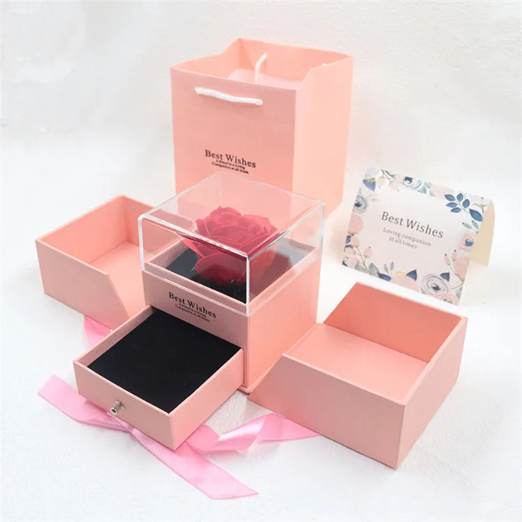 Mom Women Girl Christmas Valentines Day Gift Eternal Natural Preserved Roses Flowers Necklace Acrylic Rose Jewelry Box Gifts