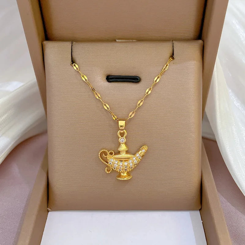 Wholesale 18K Gold Plated Pendant Stainless Steel Tarnish Free Waterproof Magic Lamp Delicate Diamonds Necklace