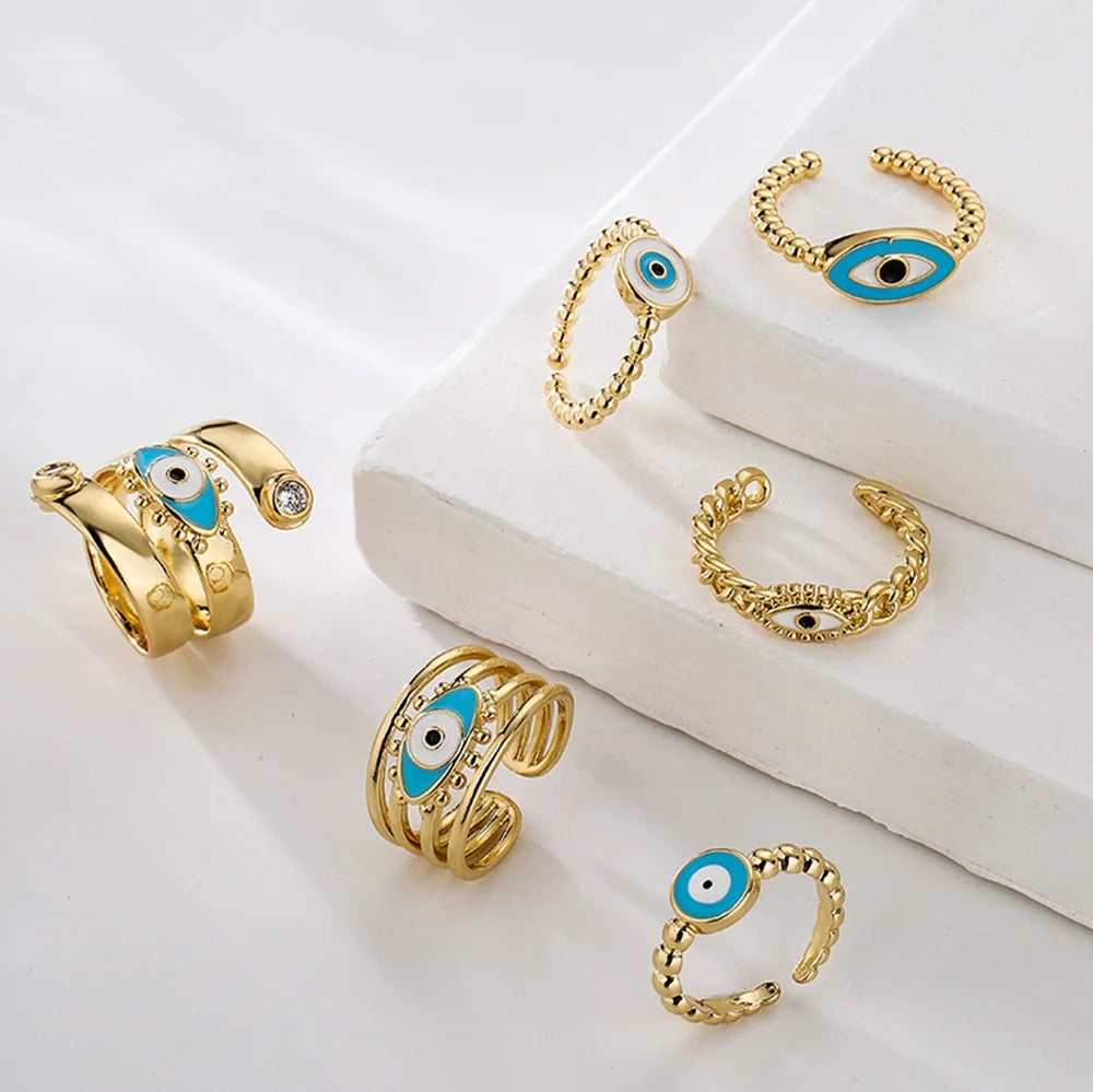 Popular 18k Gold Plated Turkish Blue Eye Rings Jewelry Colorful Cubic Zircon Evil Eyes Rings for Women Girl
