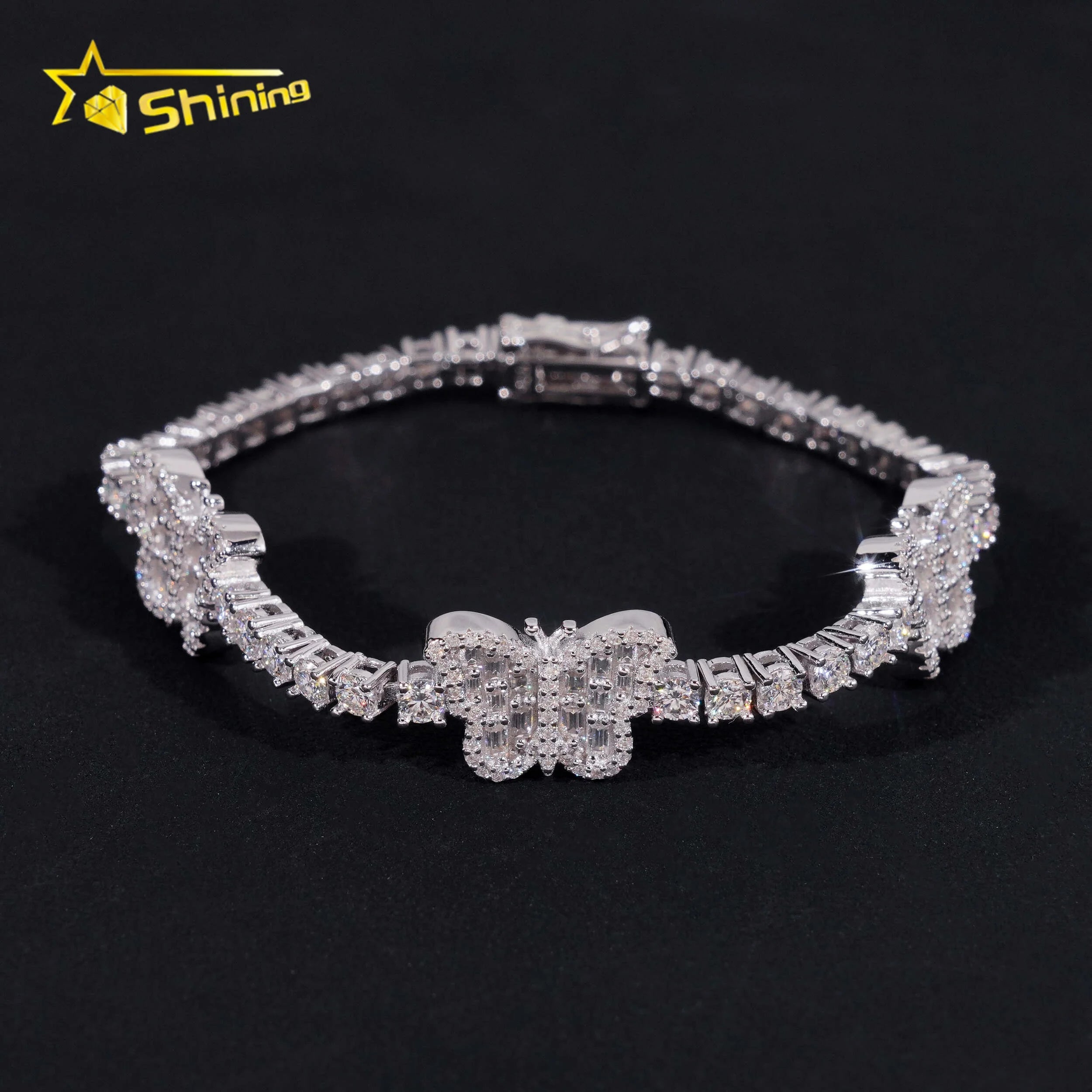 New Arrivals Hip Hop 925 Silver 3mm Baguette Diamond Tennis Chain Moissanite Butterfly Bracelet