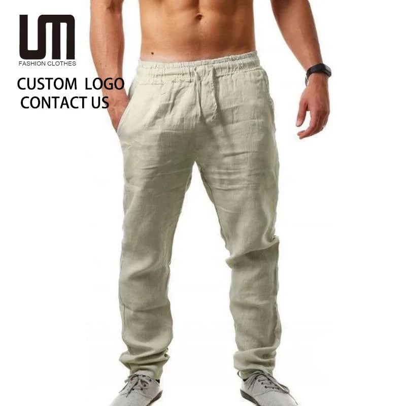 Liu Ming Trending Product 2025 Wholesale Men Casual Cotton Linen Long Pants Solid Color Breathable Elastic Waist Trousers