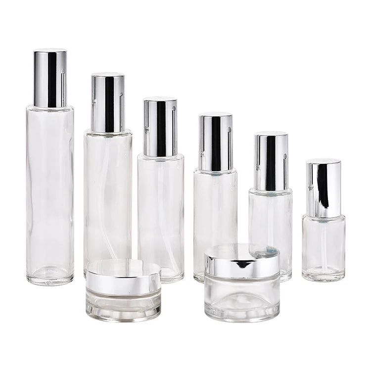 Hot Sale Customized Flat Shoulder Cosmetic Jar Set 30ml-120ml Glass Lotion Bottle Jar Screen Printing 40ml 60ml 80ml 100ml 120ml MegaBDM