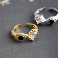 Fashion 925 Sterling Silver Chic Irregular Black and White Zircon Gold Plated Opening Ring Jewelry for Women