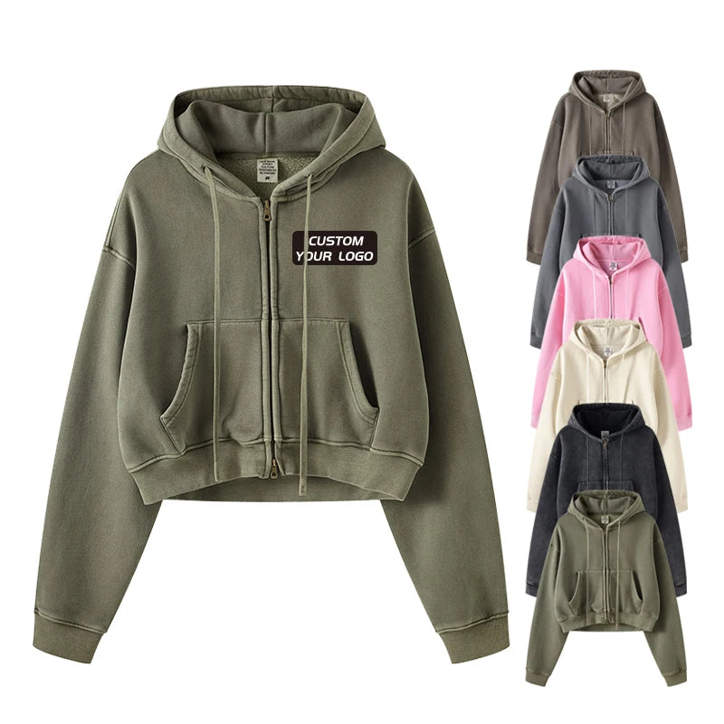 Women's 355G Heavyweight Retro Washed Hot Girl Sweater Zipper Hoodies Fleece Distressed Short Cardigan Jacket Tops for Women