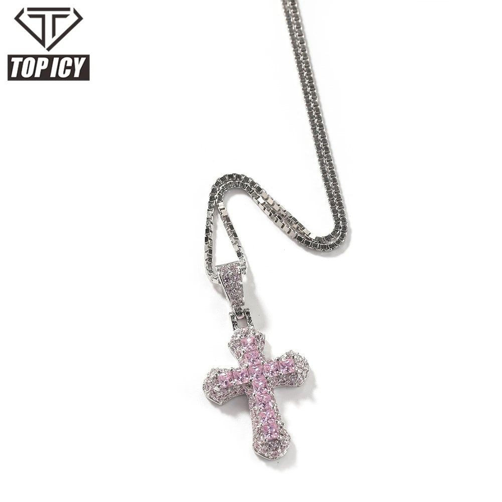 Top Icy Mini-size Cute Cross Pendants Pink Diamond Cross Necklace  Iced Out Diamond Charms Brass 18K Gold Plated + 5A CZ
