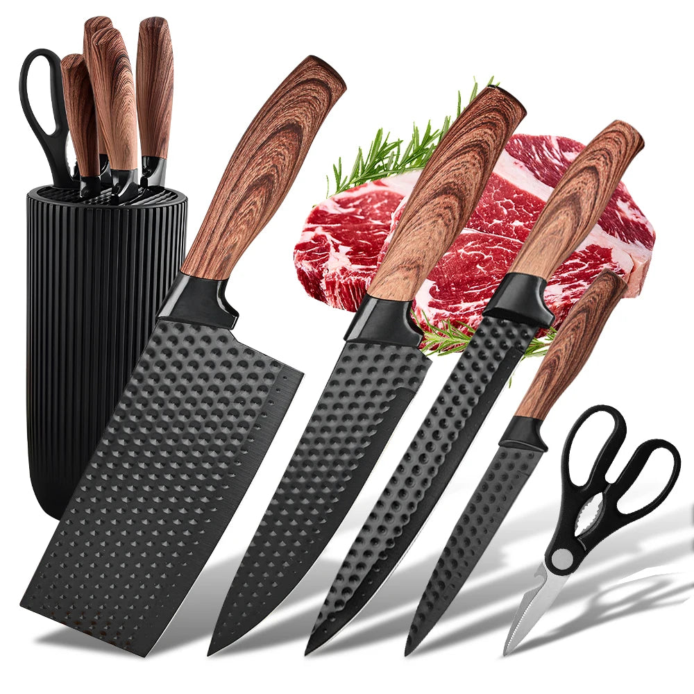 6pcs Black Kitchen Knife Set Anti-Rust Non-stick Stainless Steel Sharp Chef Knife Set with Universal Knife Block for Kitchen