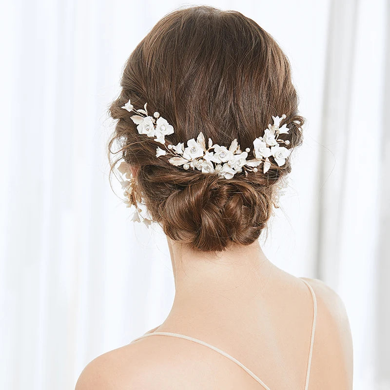 Sweet Ceramic Flower Bridal Hair Comb Crystal Pearl Decoration Wedding Hair Combs