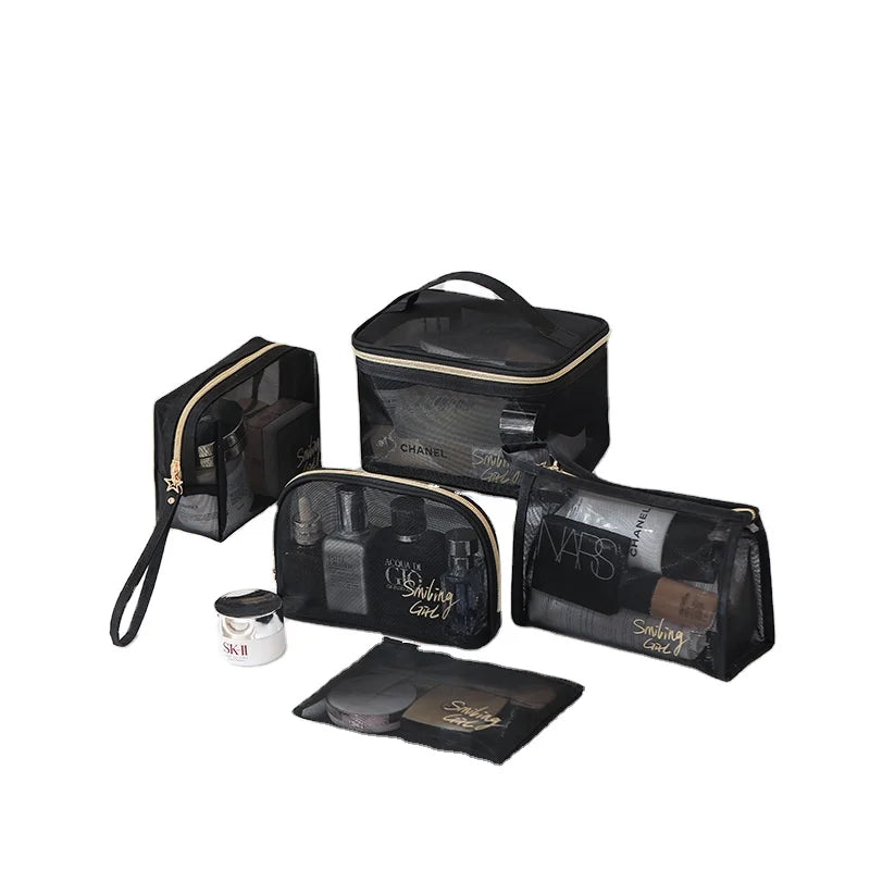 Fashionable Five-piece Large-Capacity Cosmetic Bags Transparent Polyester Mesh Storage Handbag Zipper New Travel Accessory