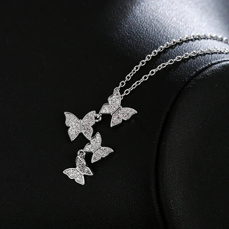 White Rhodium Plated Brass Cubic Zircon Butterfly Pendant Necklace for Party