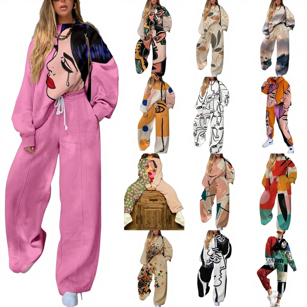 Ladies New Sports Jogger Printed Casual Two Piece Set Women's Long Sleeve Loose T Shirt and Trousers for Spring and Fall